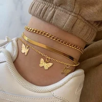 3pcs set boho golded metal chain anklets for women crystal letter butterfly charm foot chain ankle bracelets jewelry wholesale