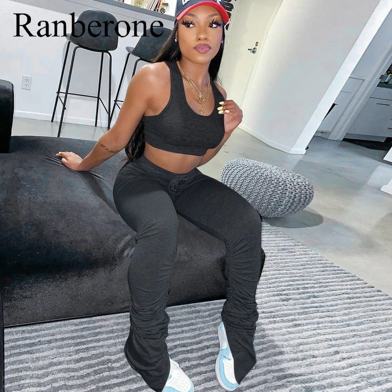 New Sport Suit Female 2020 Tank Top And Stacked Pants 2 Piece Set Women Casual Sportswear Sleeveless Tracksuits Workout Sets