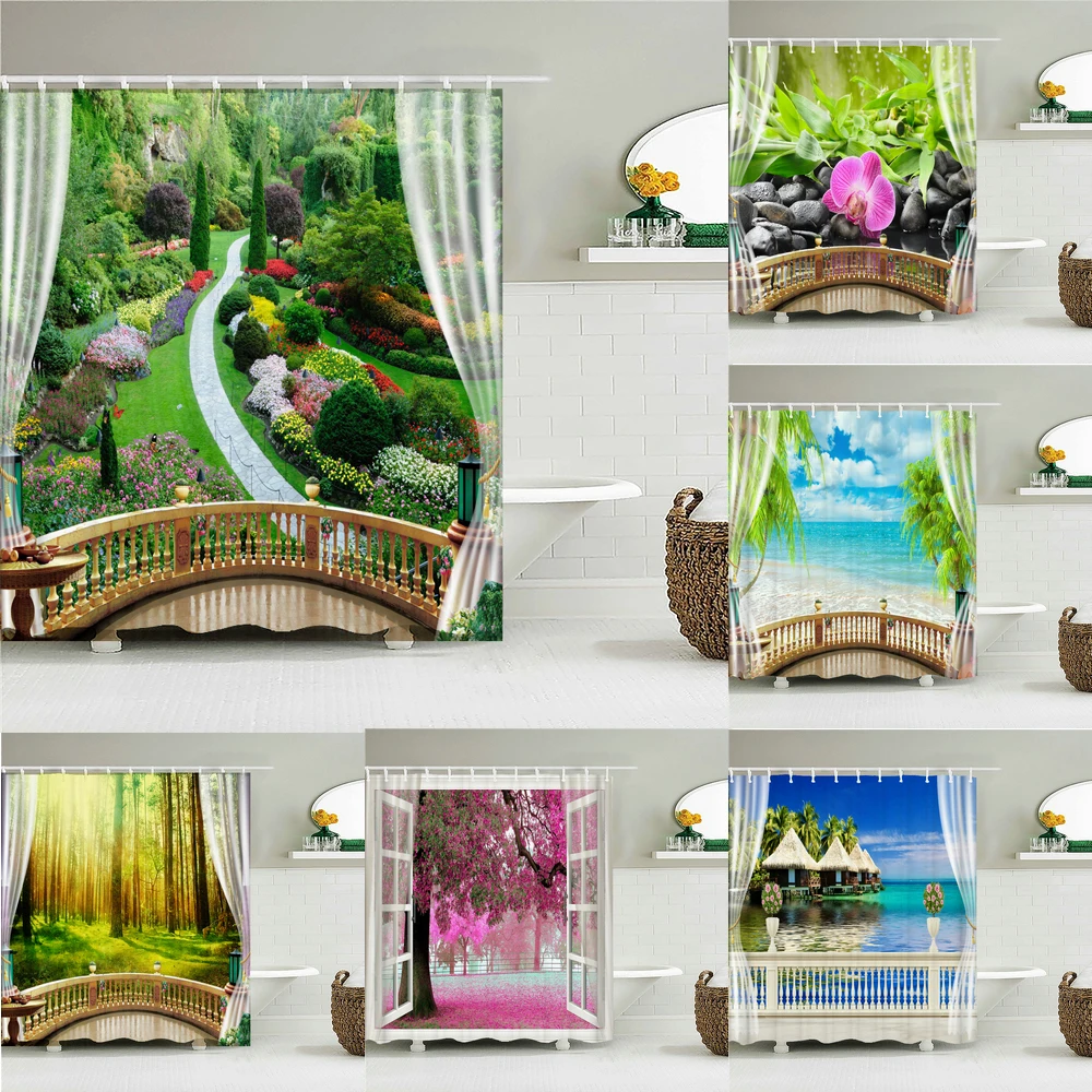 

3D Waterproof Fabric Polyester Shower Curtains landscape Outside the Window Bathroom Curtains With Hooks Bathtub Decor Screen