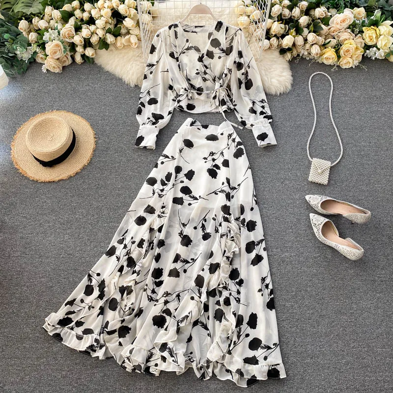 

Sexy Chiffon Two Piece Set Women Autumn Boho Chic Vacation Beach Short Tops And Ruffle Irregular Long Skirt Female Print DZA450