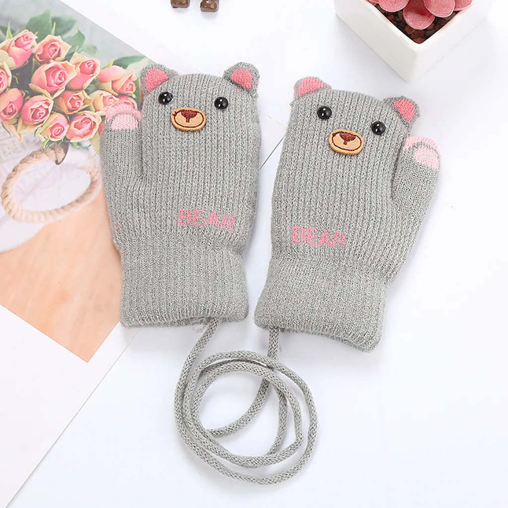 Детские зимние теплые вязаные перчатки для мальчиков и девочек с милыми
