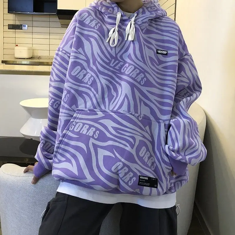 

Ins stripe full print sweater autumn women's Korean loose hooded Slouchy style college style coat