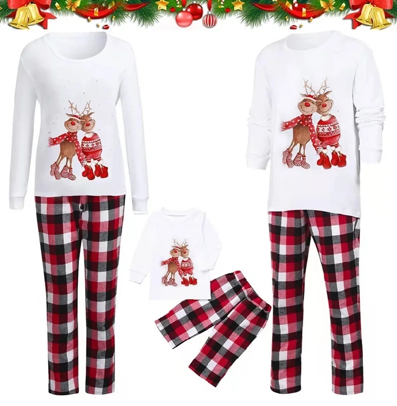 

Plaid Christmas Family Matching Outfits Deer Father Mother & Children Xmas Sleepwear Mommy and Me Pj's Clothes Tops+Pants 2021