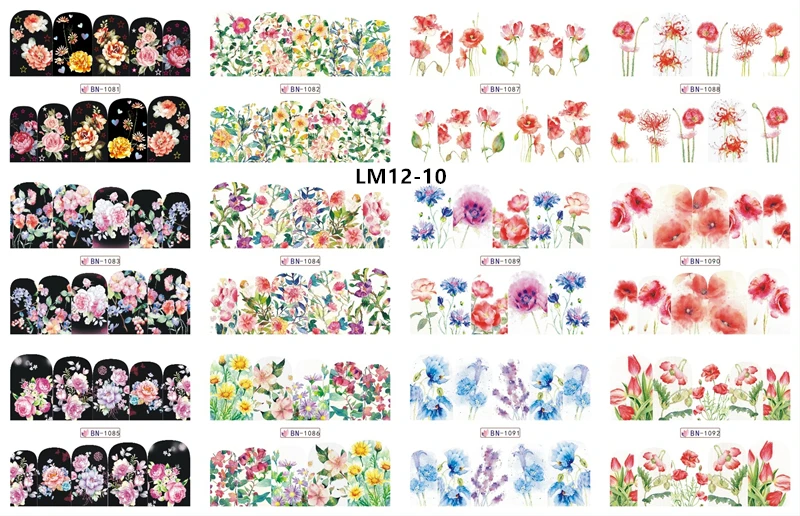 LM12-10 12 Designs Watermark Nail Art Decoration Water Decals Flower Flamingo Bird Rose Sticker Manicure Sliders Adhesive Tip BN913-924 - Color: LM12-10