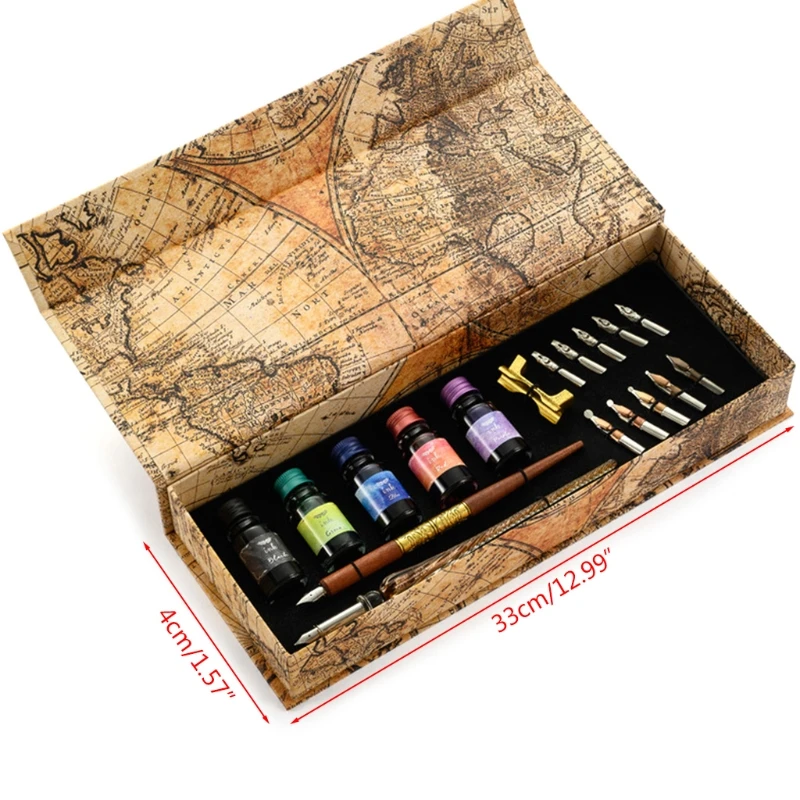 

Gothic Writing Pen Handcrafted Retro Quill Pen Set Writing Quill Dip Pen w/ 2 Straight Pen Rod 5 Colorful lnk Bottle