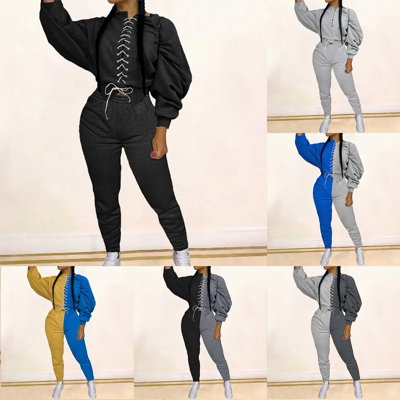 2020 Women Spring and Autumn Bandage Tracksuit Loose Two-piece Set Long Sleeve Elastic Waist Lace Up Placket Sportswear | Женская одежда