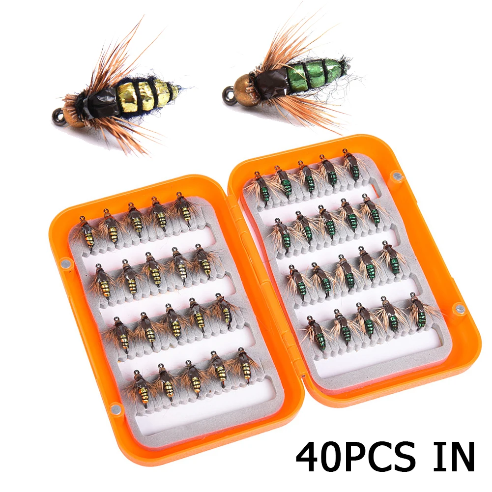 

40pcs Fly Fishing Bait Lure Hooks Dry Flies Bead Fishhook Head Bass Trout Lures Hook Storage Case Fish Tackle Box Baits Iscas