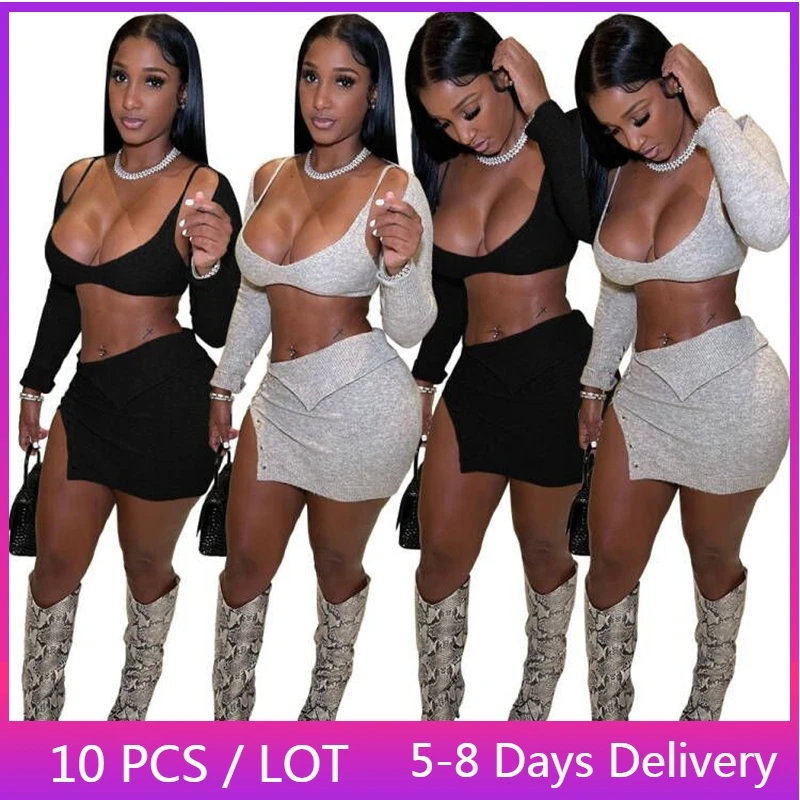 

Трикотажный комплект из 3 предметов, Женская Клубная одежда, Укороченный кардиган + бюстгальтер и мини-юбка на пуговицах, сексуальные Клубные наряды для женщин