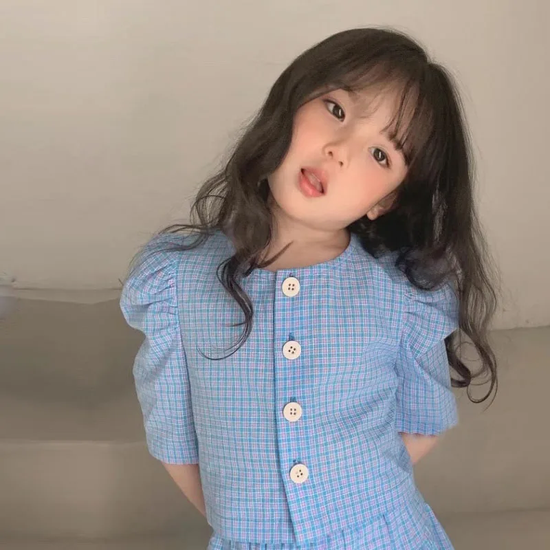 Одежда для девочек летняя модная маленькая квадратная клетчатая рубашка из двух