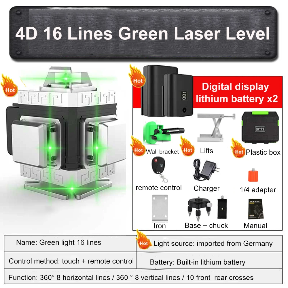 

XEAST 12/16 линии 3/4D лазерный уровень самонивелирующийся 360 горизонтальный и вертикальный крест супер мощный зеленый лазерный уровень