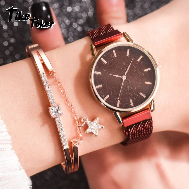 

Брендовые повседневные часы TIKE TOKER для женщин, набор из 2 предметов, браслет, часы, женские наручные часы из сплава, простые наручные часы, под...