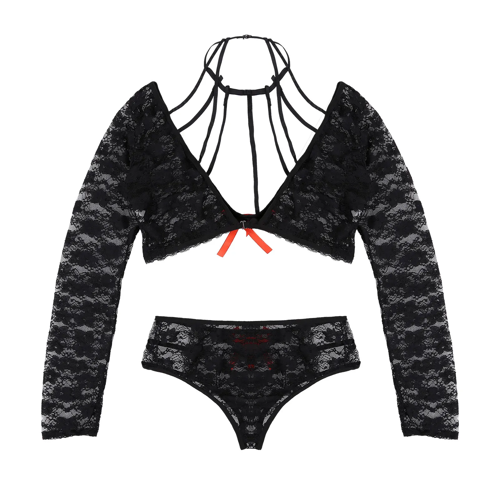 

Womens See-through Lace Babydoll Lingerie Set Sexy Nightwear Sleepwear Unpadded Bra Crop Top High Waist G-String Thong Underwear