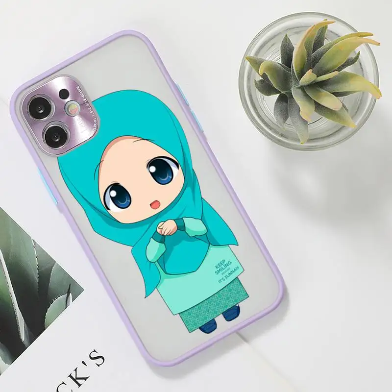 

Muslim girl cute cartoon Phone Case For iPhone 12 11 Mini Pro XR XS Max 7 8 Plus X Matte transparent Purple Back Cover