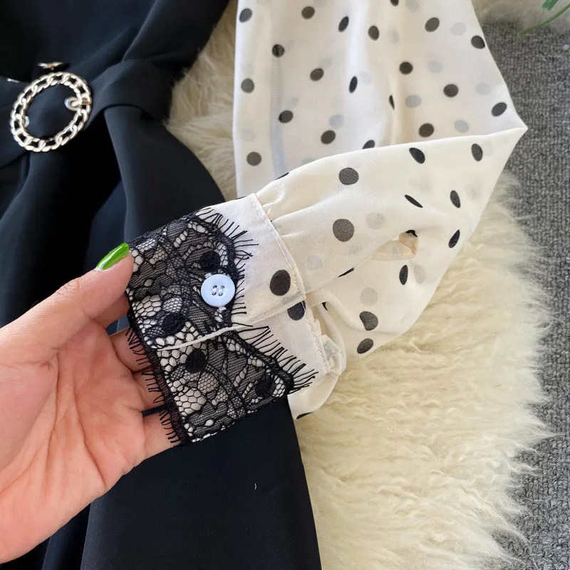 Элегантный блейзер с воротником женское осеннее платье черное Сетчатое