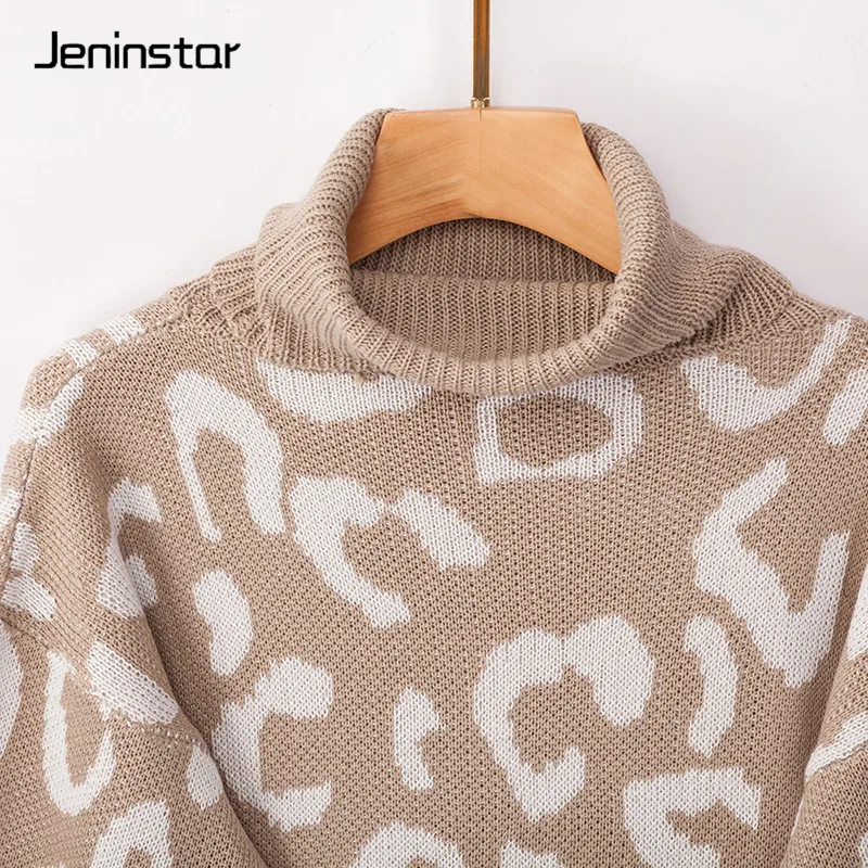 Jeninstar Осень Леопардовый принт длинный свитер с высоким воротом Топы повседневное