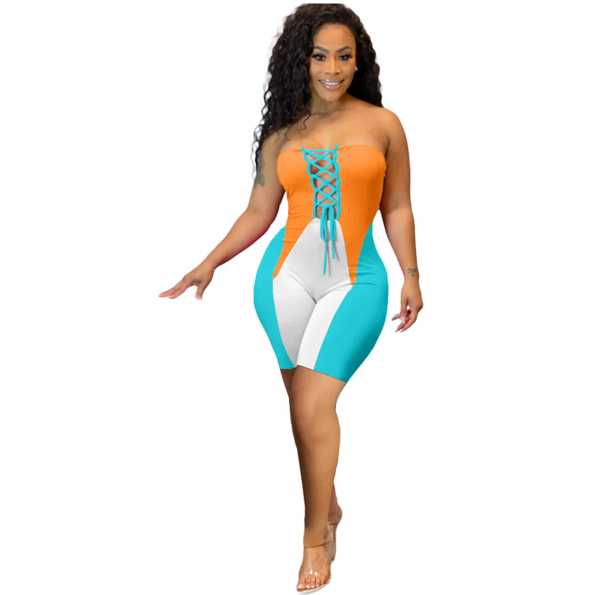 2021 New Sexy Bandage Strapless Skinny Patchwork Playsuits Jumpsuits Overalls For Women Combinaison