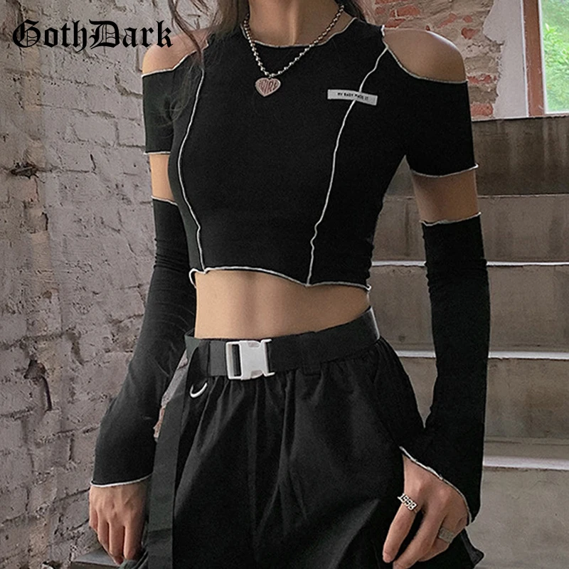 Женская футболка в стиле E girl Goth Dark черная пэчворк готический укороченный топ на