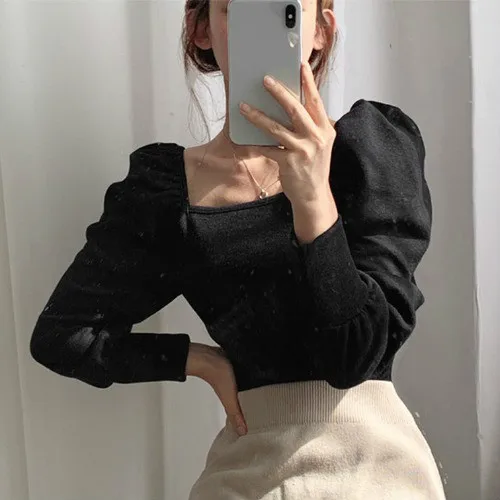 Neploe Autumn Winter Bottom Pull Femme Vintage Square Collar Pullover Knitwear Women Puff Sleeve Solid Slim Knitted Tops 55236