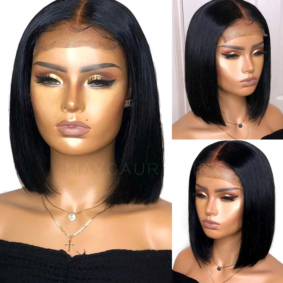 Черные короткие прямые волосы Maycaur синтетические кружевные передние парики для