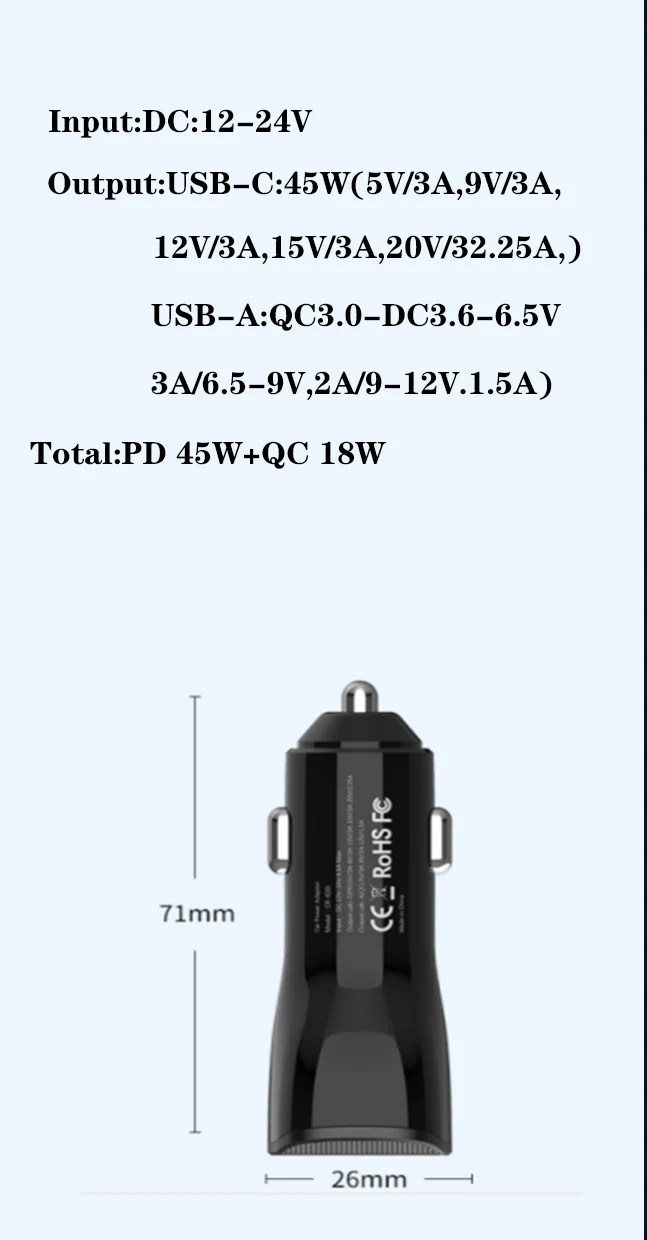 

63W Car Charger,PD3.0 45W 25W Quick Charger+QC3.0 18W Fast Car Charging For Iphone Samsung