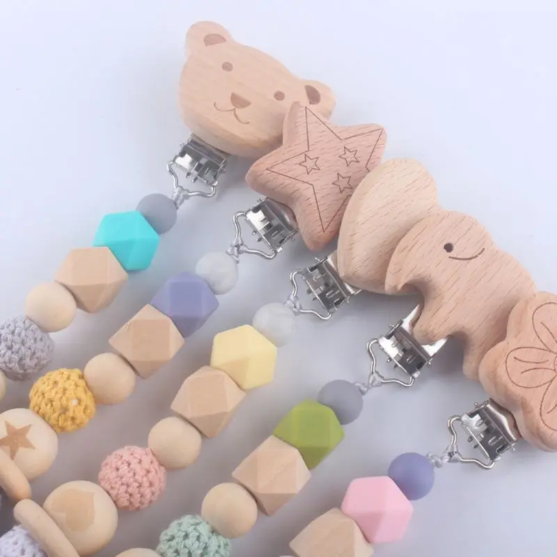 

Free Shipping Wooden Bead Dummy Clip Holder Cute Pacifier Clips Soother Chains Baby Teething Toy for Baby
