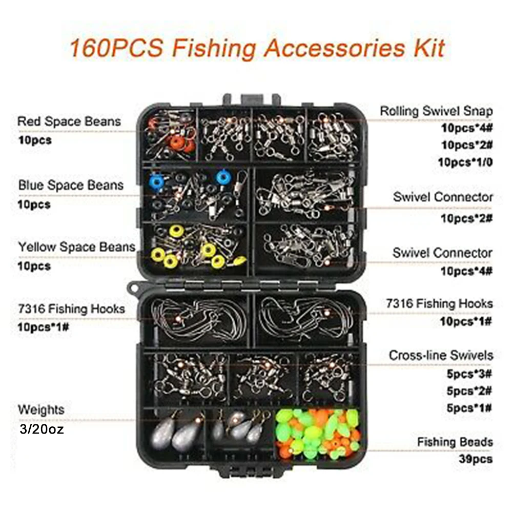 

160PCS Box Of Fishing Accessories Set Jig Hooks Sinker Swivel Bead Fish Terminal Tackle Waterproof Full Equipment