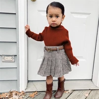 4 style spring autumn girls 2 pcs fashion sets solid color turtleneck sweater jumpers knitwear pleated skirt baby kid clothing