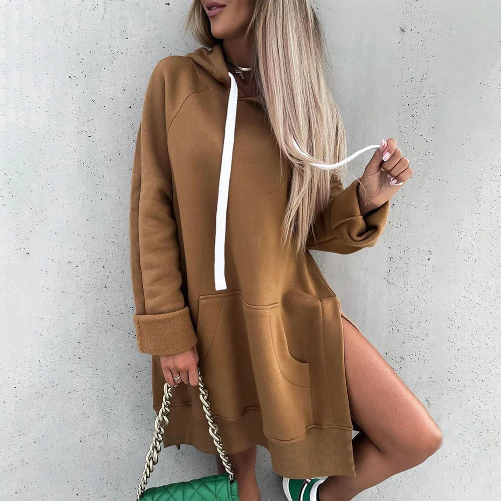 

Casual Loose Hooded Mini Dress Woman Fall Drawing Solid Long Sleeve Ladies Dresses 2021 Winter Green Slit Sweatshirt Robe Femme