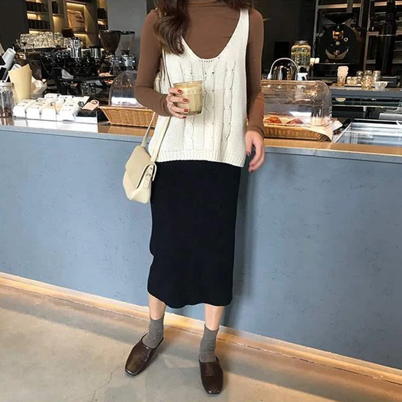 

Autumn Sweater Vests Women Loose Twist Side-split V-neck Trendy Solid Basic Sleeveless Casual Preppy Style Knitwear Ulzzang Chic