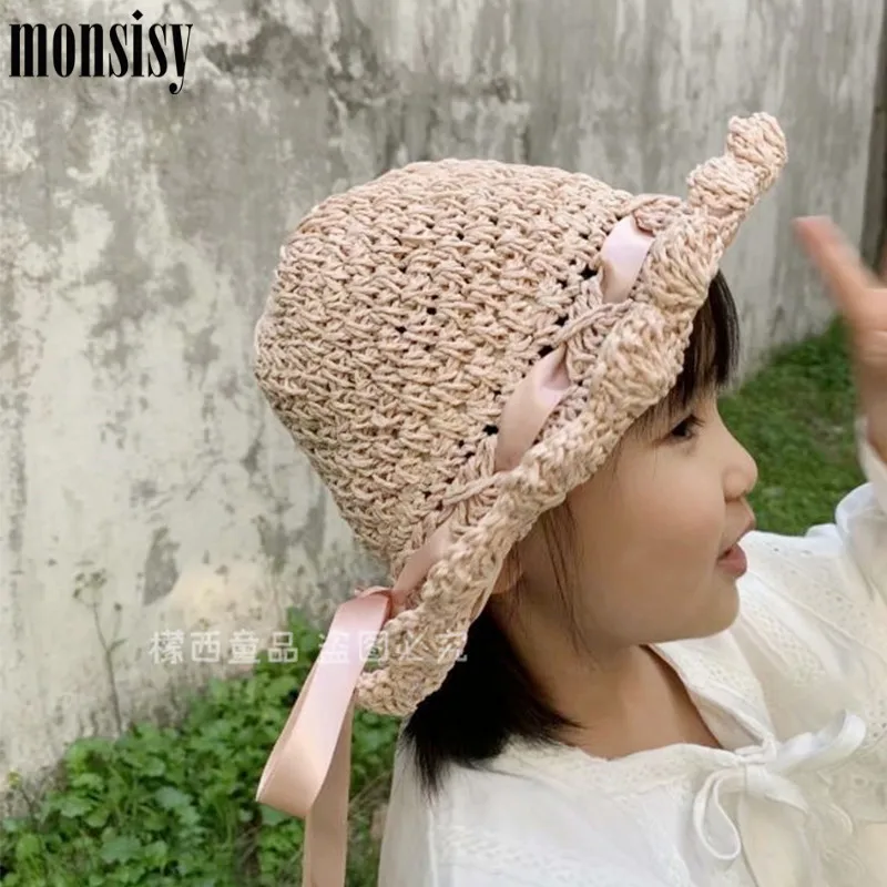 Детская соломенная шляпа Monsisy Пляжная плетеная с ленточкой ручной работы летняя