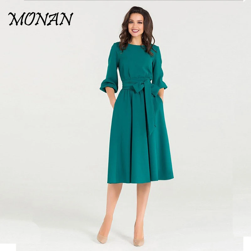 2020 весеннее винтажное однотонное платье трапециевидной формы с рукавами