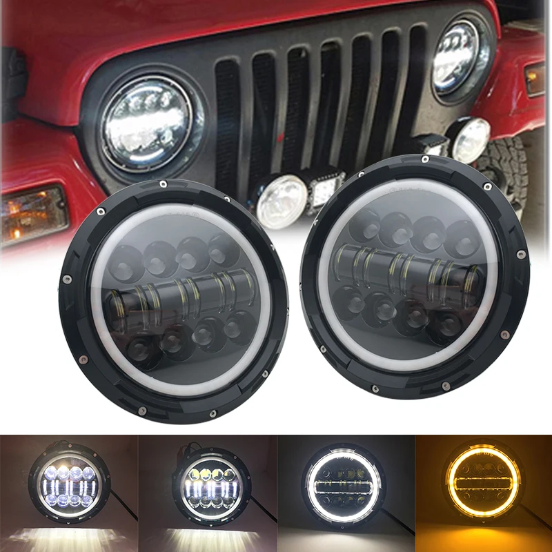 

2X 75W 80w 60w Car 7 Inch LED Headlight H4 Hi-Lo With Halo Angel Eyes For L ada 4x4 urban N iva J eep JK TJ Land rover defender