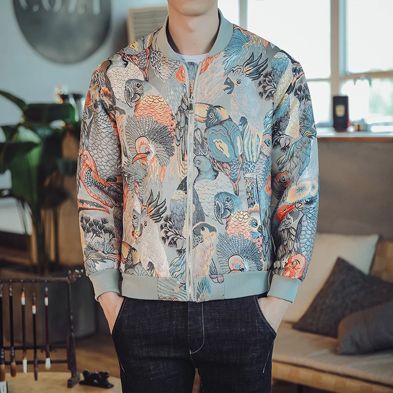 Мужская винтажная куртка Ropa Hombre свободная утепленная с вышивкой животных осень