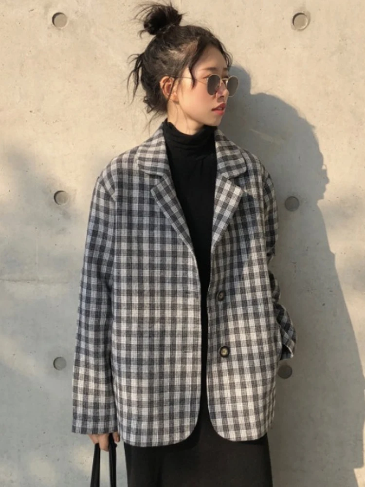 

Autumn Harajuku Chic Blazers Women Fashion Korean All-match Notched Single Breasted Ullzang Loose Clothing Blazers for Student