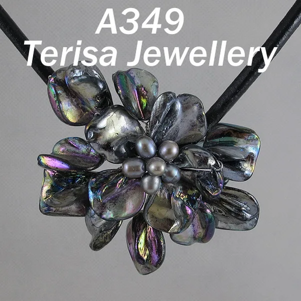 

New Luck Unique Handmade Shell Flower Jewelry Black Baroque Real Freshwater Pearl Black Rope Leather Necklace Perfect Woman Gift