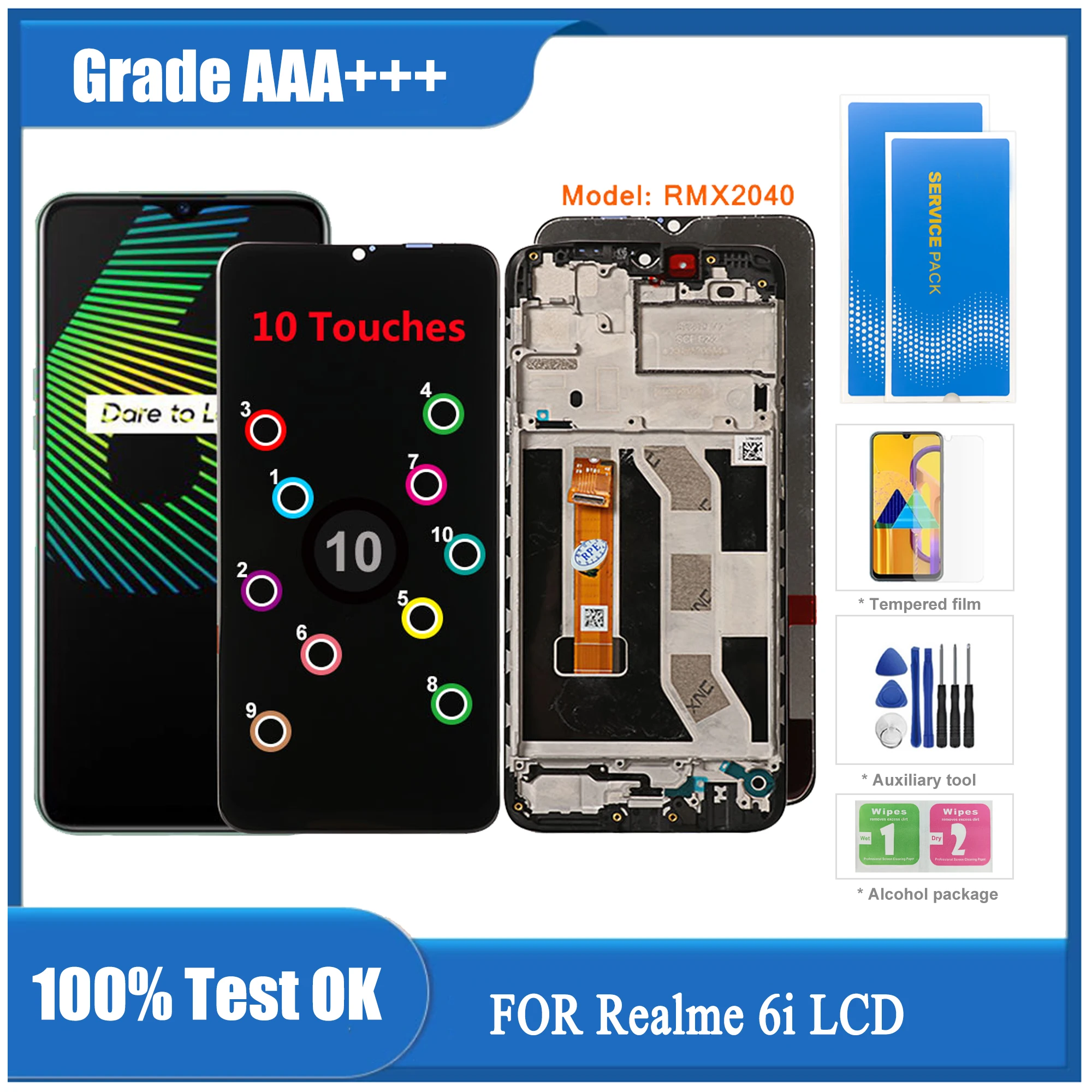 

ЖК-дисплей для Realme 6i RMX2040, дисплей 10 дюймов с сенсорным экраном, замена с рамкой для Realme 6i 6i, дисплей без битых пикселей, оригинал