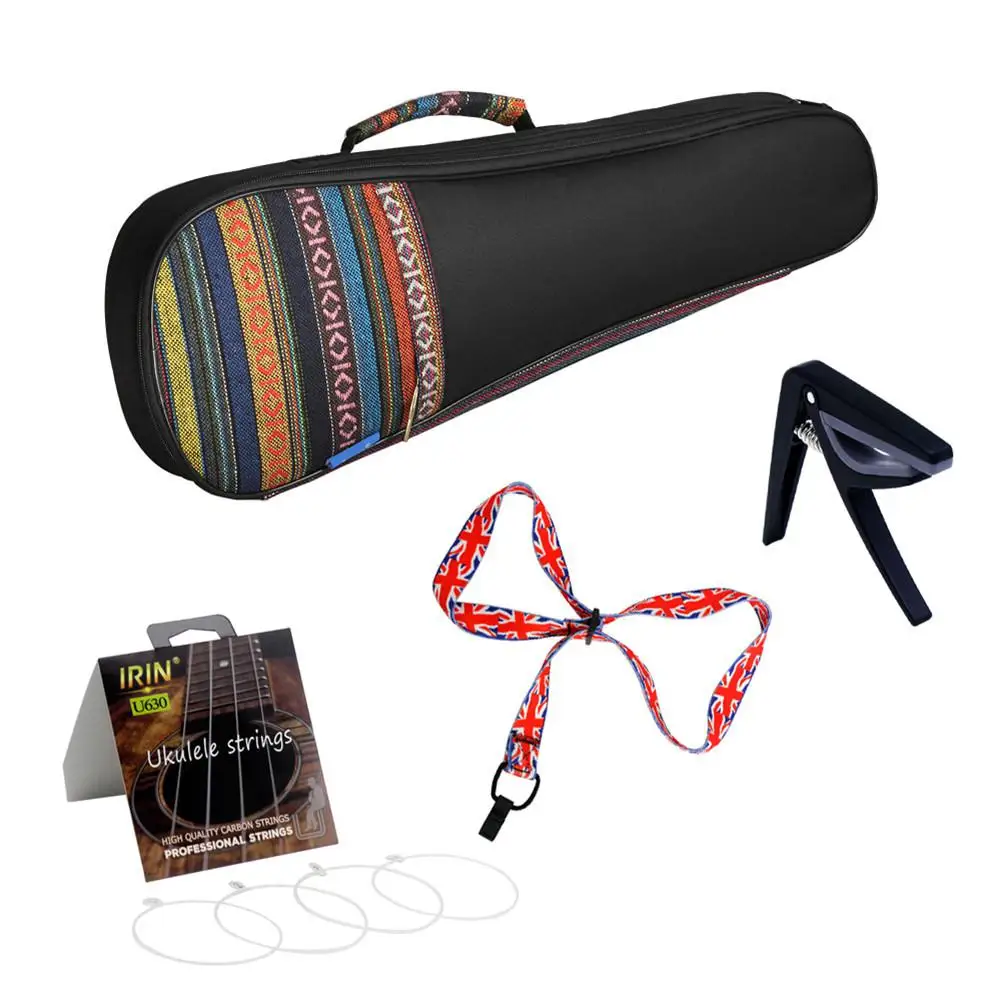 

4pcs Ukulele Kit 21inch Ethnic Ukulele Bag+U630 String+Flag Style Strap+Capo Delicate Ukelele Set Musical Instrument Accessories