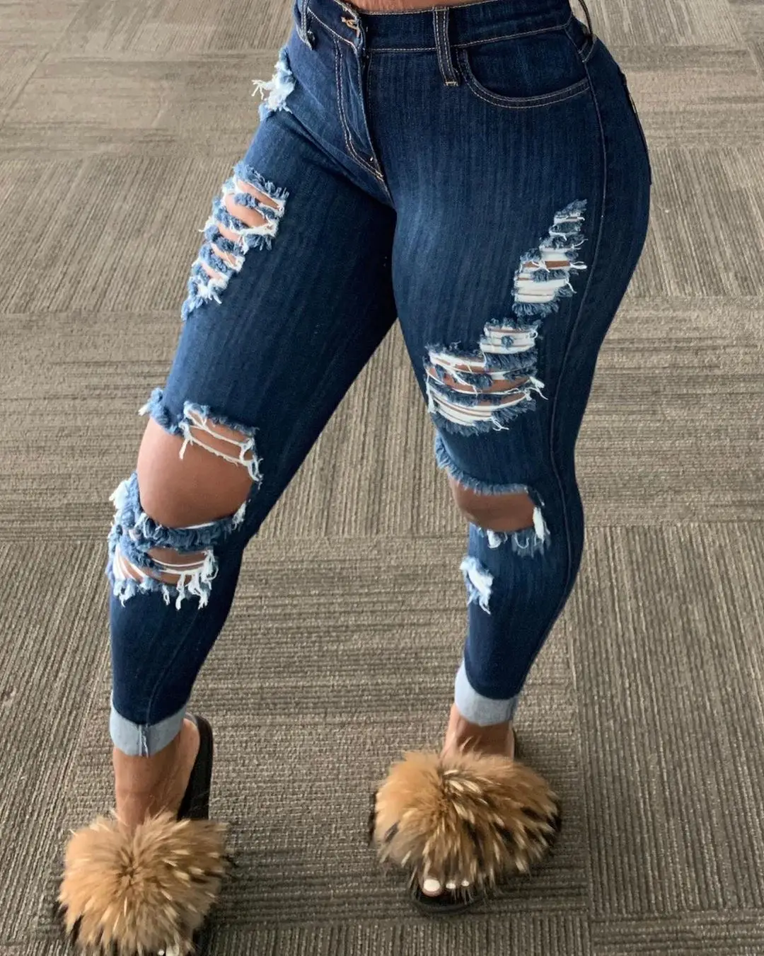 

Women Korean Slim Fit Jeans Fashion Solid Color Ripped Hole Tassel Stretch Mid waist Denim Pencil Long Pants Trousers
