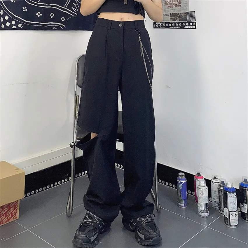 

Harajuku Hip Hop Pants Women Hole Loose Casual Trousers Straight Wide Leg Pants Girl Gothic Style Black Streetwear Punk Clothes