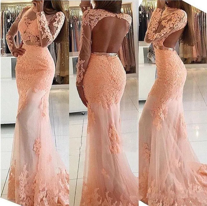 

Long Sleeves Mermaid Evening 2021 high Neck Open Back Sweep Train Formal Blush Party Pageant Gowns prom Homecoming Dresses