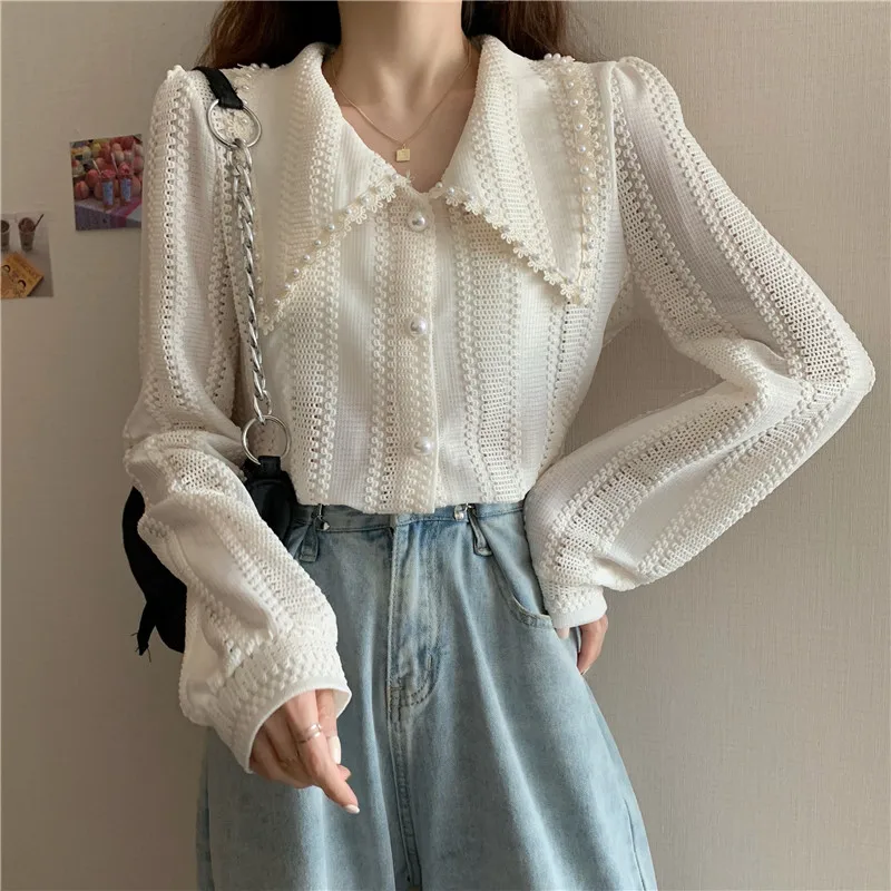 

2021 Spring Women's Lace Long Sleeve Shirt Women's Large Size Doll Collar Foreign Style Shirt Joker Slim Bottom Shirt Women