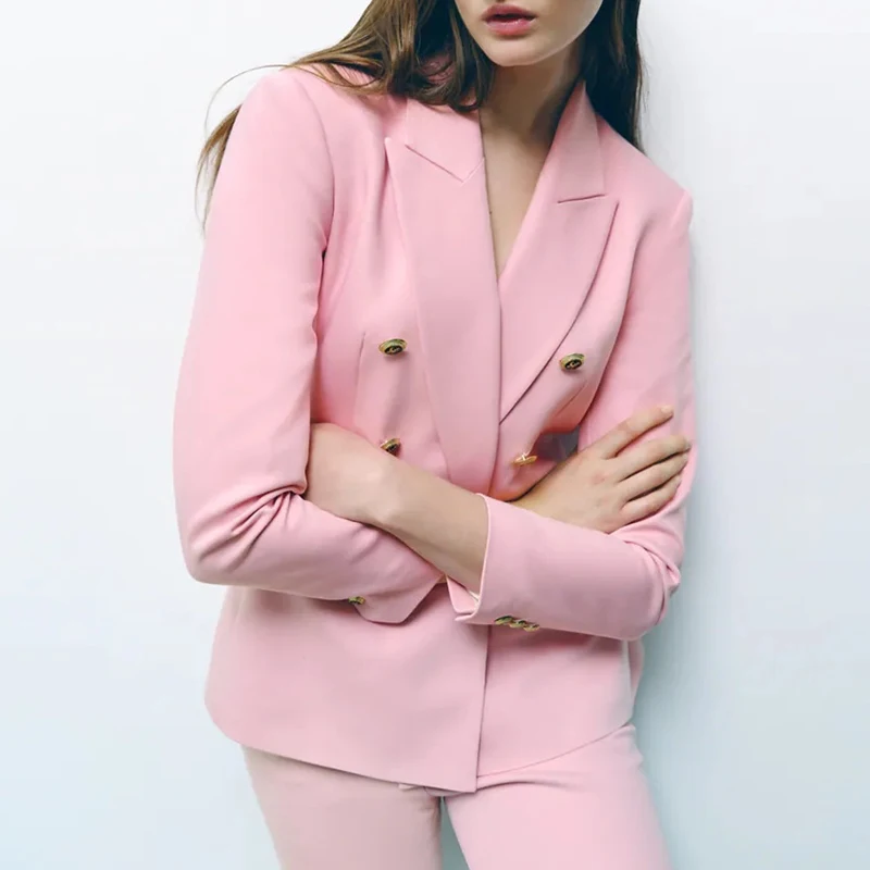 

WXWT Za Women Solid Slim Double Breasted Blazer Coat Vintage Notched Collar Pocket 2021 Fashion Office Lady Elegant Tops LY9563
