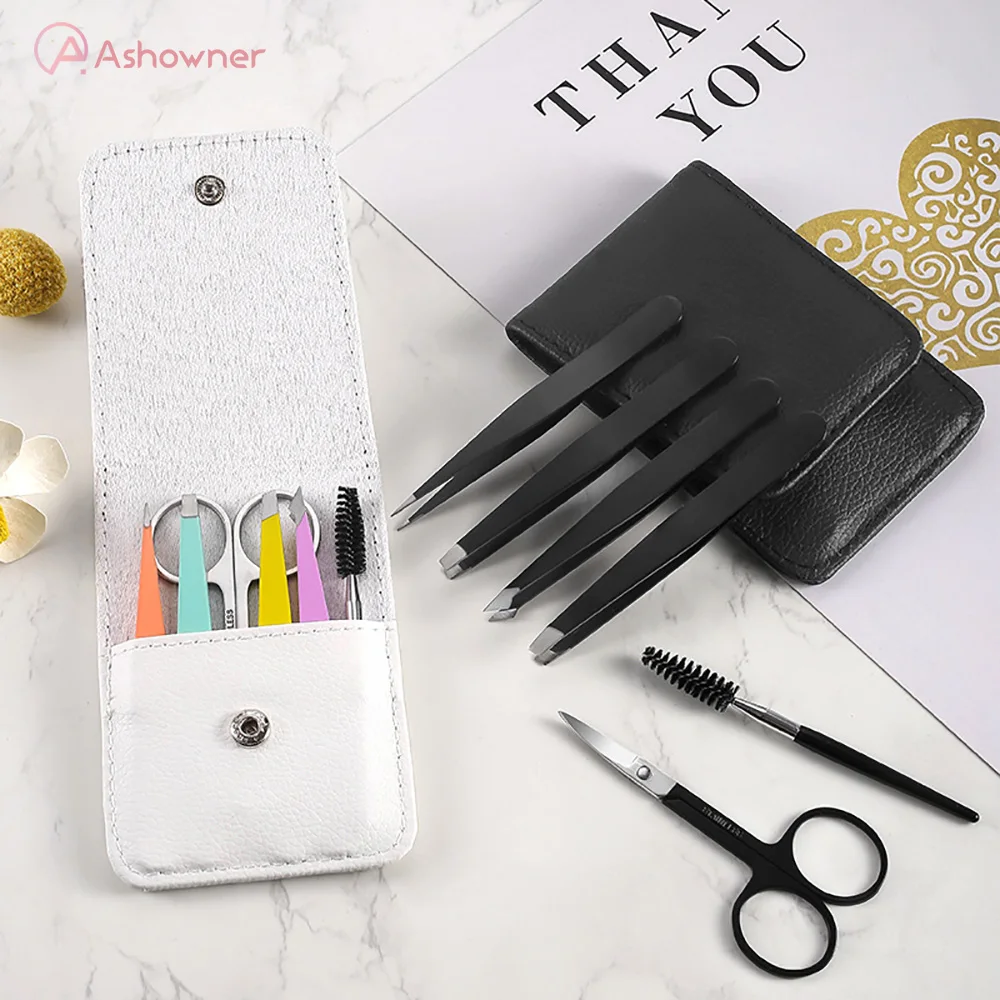 

7Pcs Eyebrow Tweezer Set Professional Stainless Tweezers for EyeLashes Extension Makeup Tools with Case Scissors Cosmetic Tools