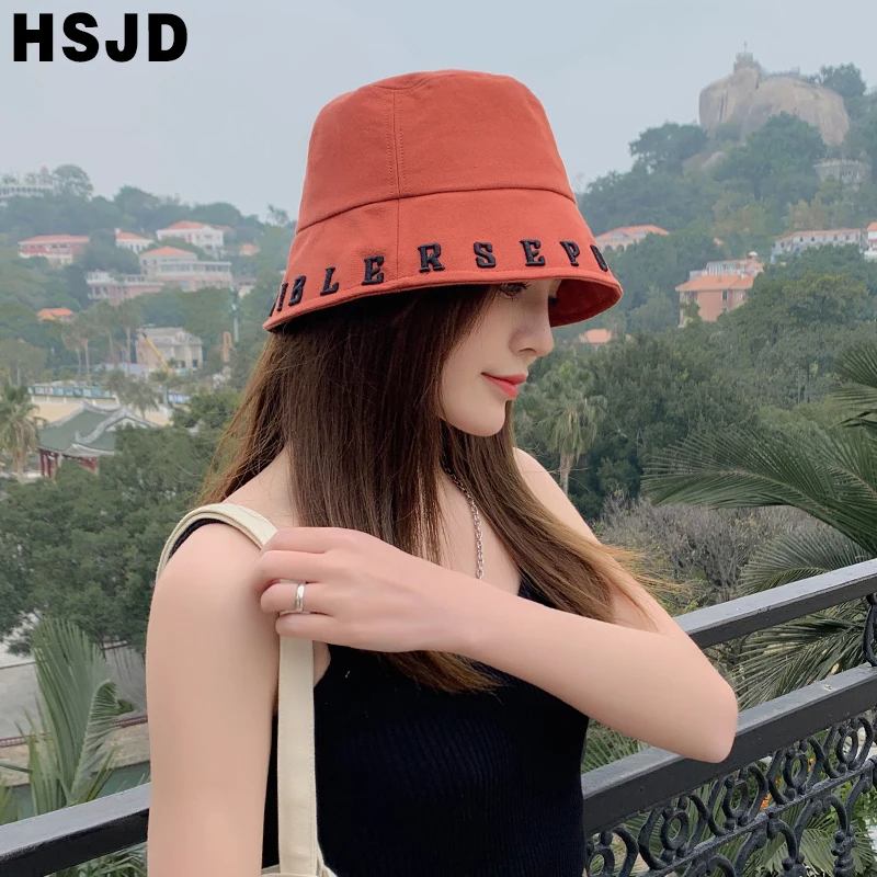 New Korean Fashion Letter Embroidered Flat Top Buckets Hat Summer Women Panama Fisherman Hat Wide Brim Foldable Outdoor Sun Caps