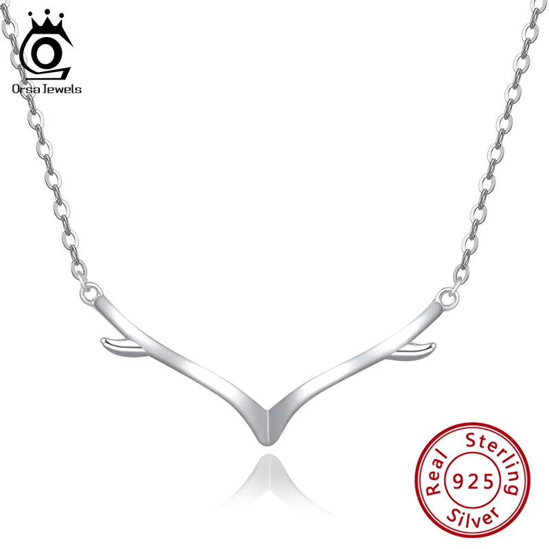 

ORSA JEWELS S925 Cute Antler Pendant Necklace Christmas Theme Party Sterling Silver Gold Pendant Women Romantic Jewelry SN164
