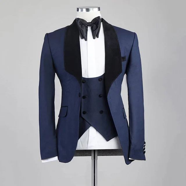 

Navy Blue Men's Classic Suits for Wedding Handsome Groom Tuxedo Slim Fit Terno Masculino Wide Shawl Designs Costume Homme