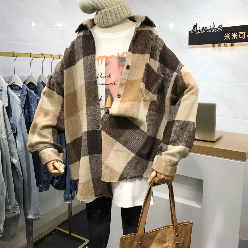 Новинка Осень зима 2020 ветровка для колледжа шерстяная рубашка в клетку с длинным