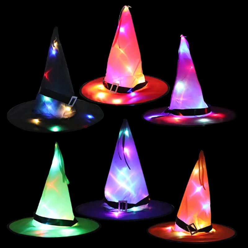 

1Pcs Halloween Witch Hat with LED Light Glowing Witches Hat Hanging Halloween Decor Suspension Tree Garden Glowing Hat for Kids