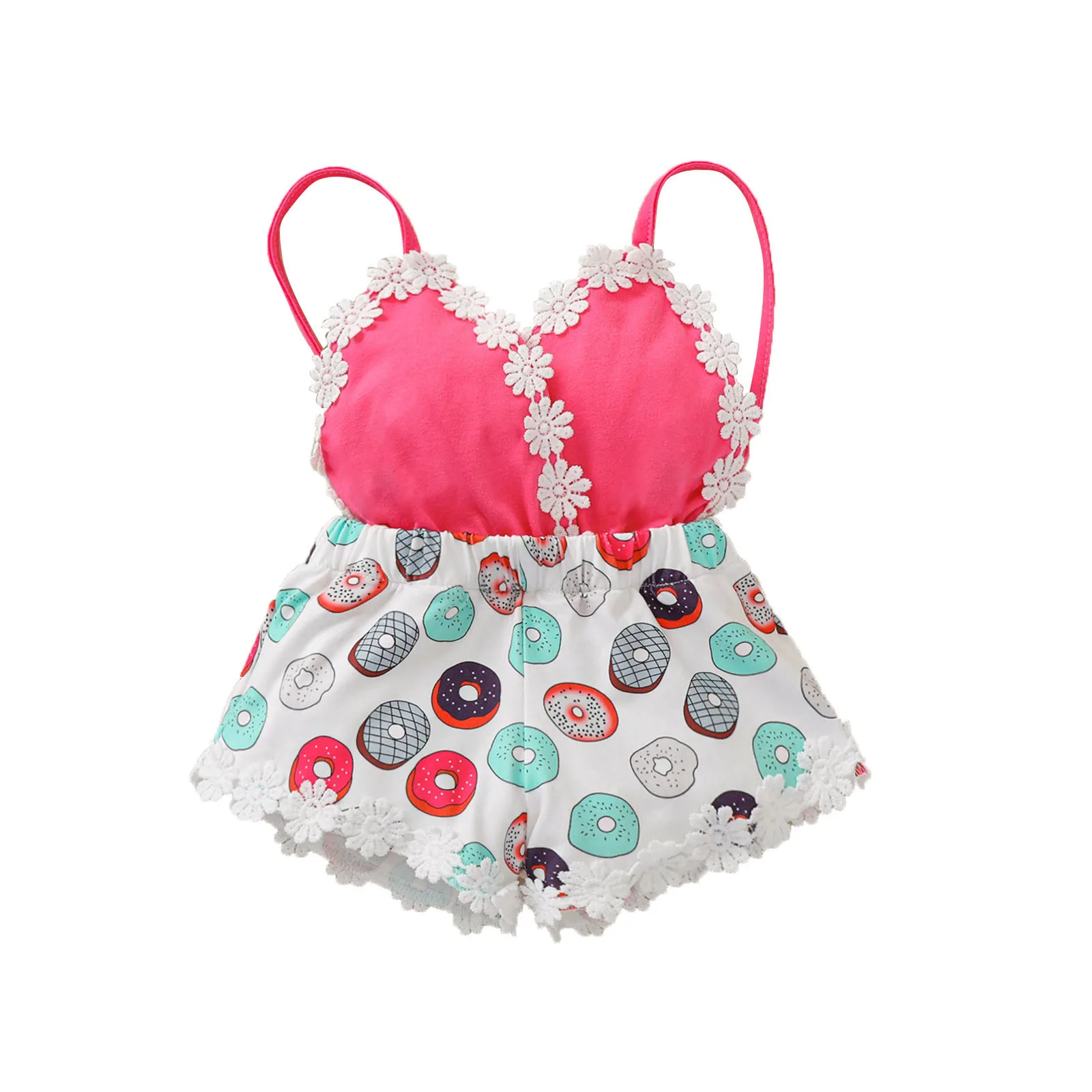 

Baby Summer Rompers, Doughnut Print Flower Trim Spaghetti Straps V-Neck Sleeveless Jumpsuits for Toddler Girls, 0-3 Years