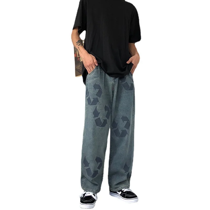 

Spring 2021 New Vintage Loose Graffiti Print Wide-leg Pants for Men Loose Straight Wash Jeans